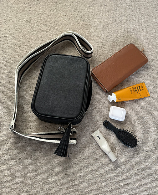 Leather Crossbody Camera Bag with Patterned Strap Set