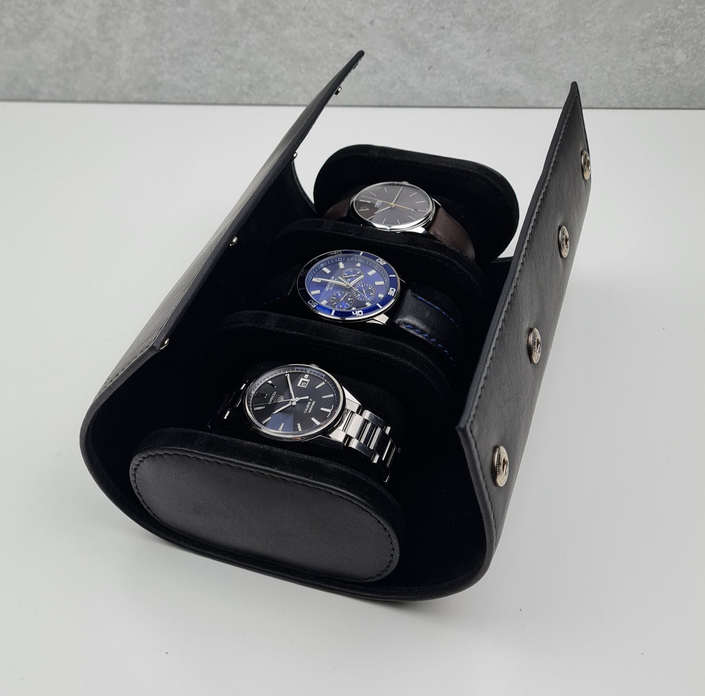 Black Leather Triple Watch Case