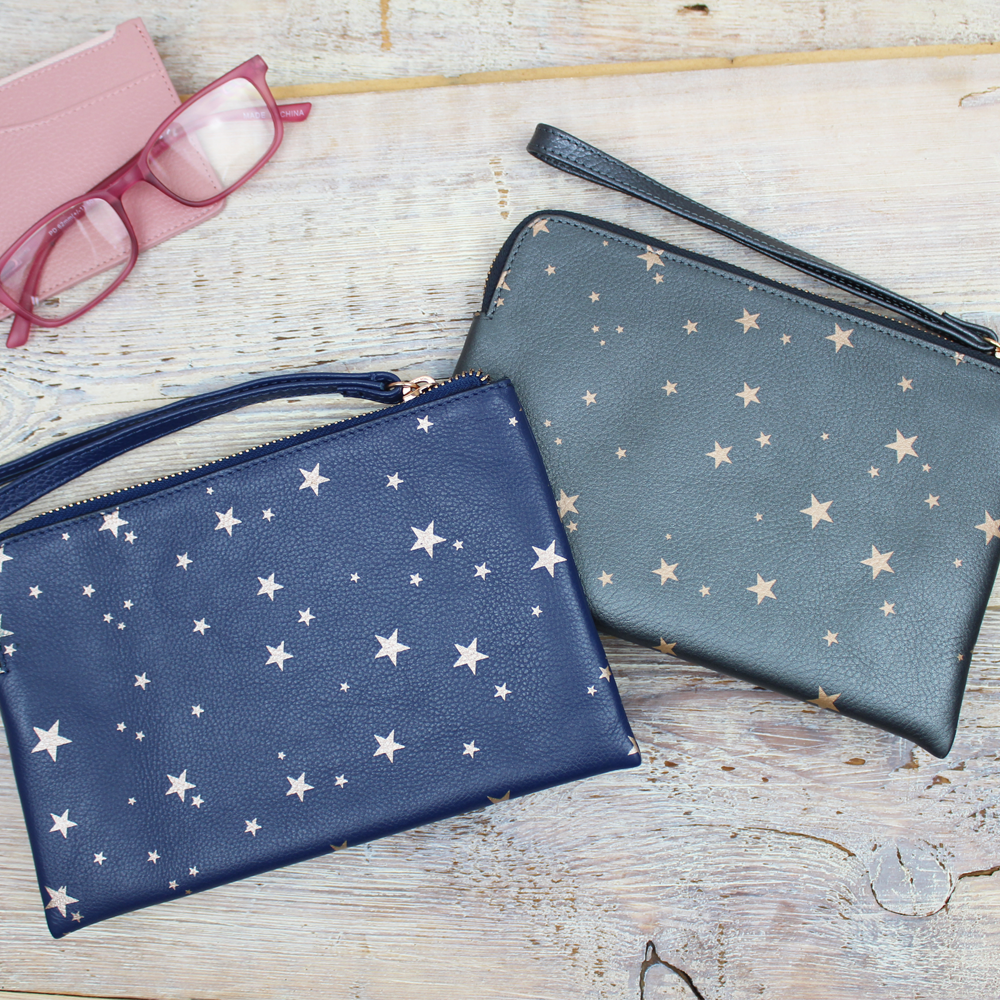 Star Print Leather Pouch with Wrist Strap