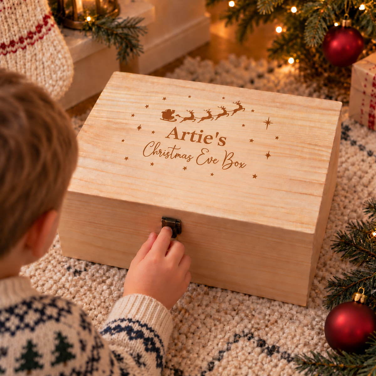 Personalised Wooden Christmas Eve Box, Engraved Children’s Christmas Box, Christmas Eve Gift Box, Festive Keepsake Box