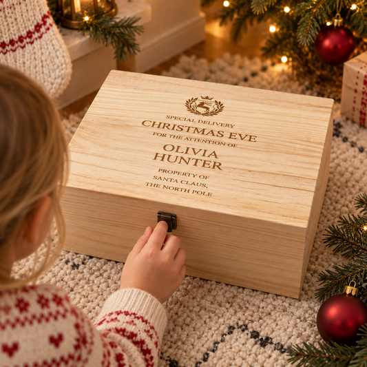 Personalised Wooden Christmas Eve Box, Engraved Children’s Christmas Box, Christmas Eve Gift Box, Festive Keepsake Box