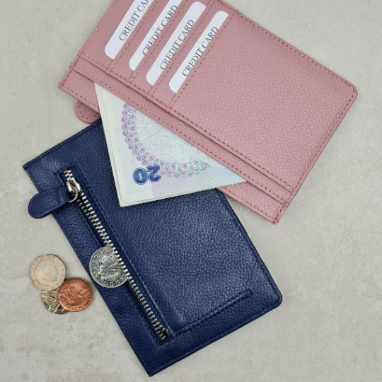 Personalised Leather Card Holder with Zip Pocket. Wallet, Credit Card Holder. Blush / No Personalisation