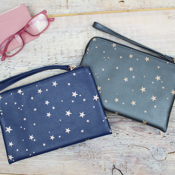 Star Print Leather Pouch with Wrist Strap